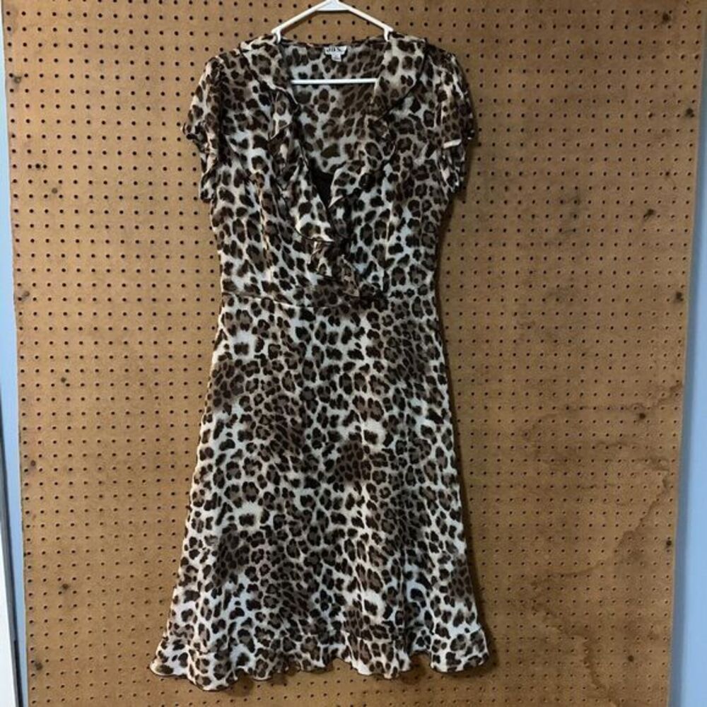 Vintage Dress Womens 90s Y2k Leopard Animal Print Sheer Midi Ruffle Mob Wife 12